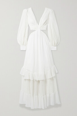 PatBO Cutout Tiered Crochet-knit And Satin-jersey Maxi Dress - White