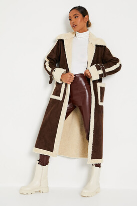 I SAW IT FIRST Chocolate Premium Maxi Length Faux Suede Trench Coat With  Borg Trims - ShopStyle