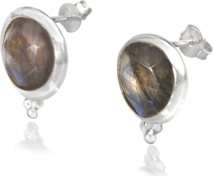 The Jewellery Store London Green / Silver Labradorite ‘You Are Loved’ Stud Earrings In Sterling Silver
