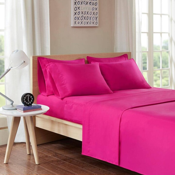 Intelligent Design 6-Piece Pink Solid Microfiber Full Sheet Set with Side Storage Pockets