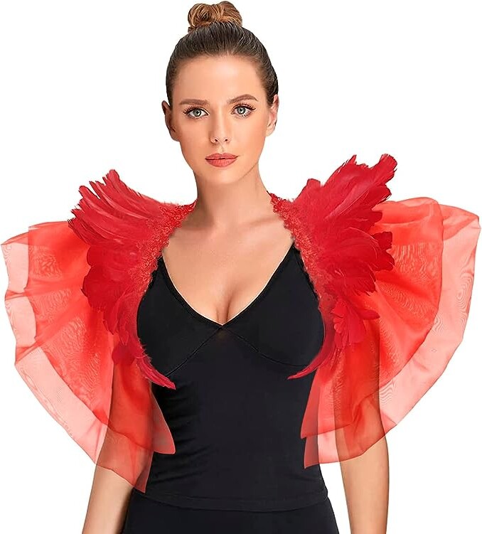 JPXH Gothic Mesh Feather Shrug Cape Shawl Halloween Costume for Adult
