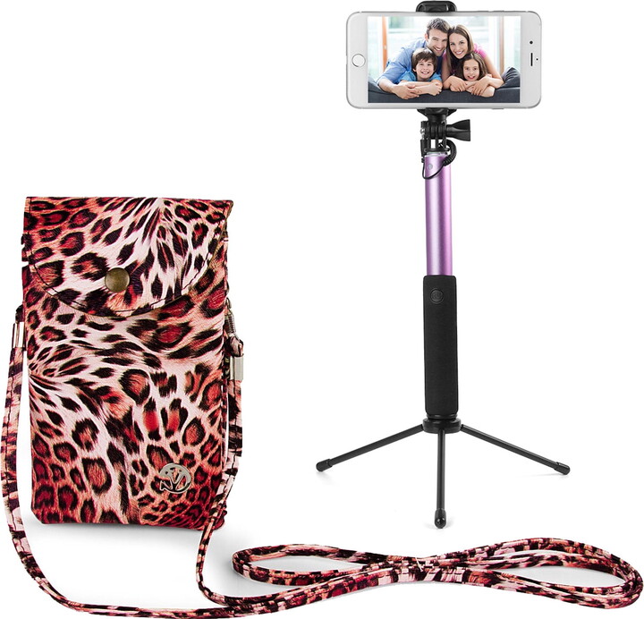 Vangoddy BUNDLE: Travel Crossbody Pouch (Pink Leopard) & Selfie Stick Mini Tripod 2.0 (Purple) – Vegan Leather Smartphone Bag with Removable Shoulder Strap