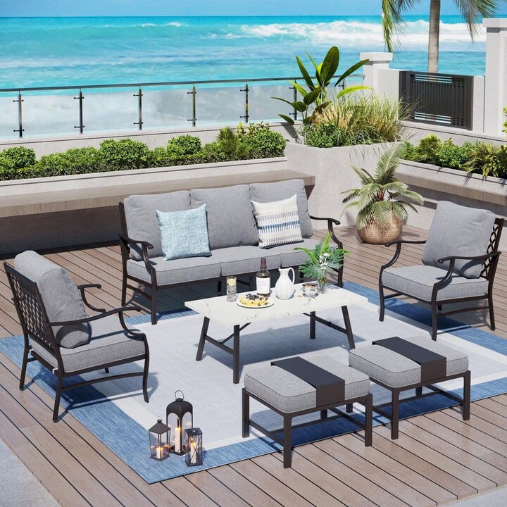 Black Meshed 7-Seat 6-Piece Metal Outdoor Patio Conversation Set with Gray Cushions and Table with Marble Pattern Top