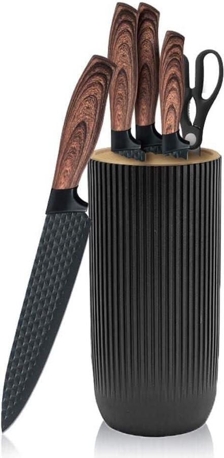 Wudkey 6-Piece Stainless Steel Black Kitchen Knife Set with Knife Block, Anti-Rust Non-stick Sharp Chef Knife Set for Home