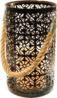 LumaBase Black Jacquard Metal Lantern with Battery Operated Candle
