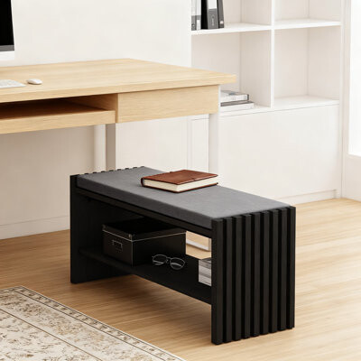 Latitude Run Entryway Storage Bench With Cushion, 2-Tier Shoe Rack Organizer, Modern Fluted Design Wooden Seat For Hallway, Living Room & Front Door