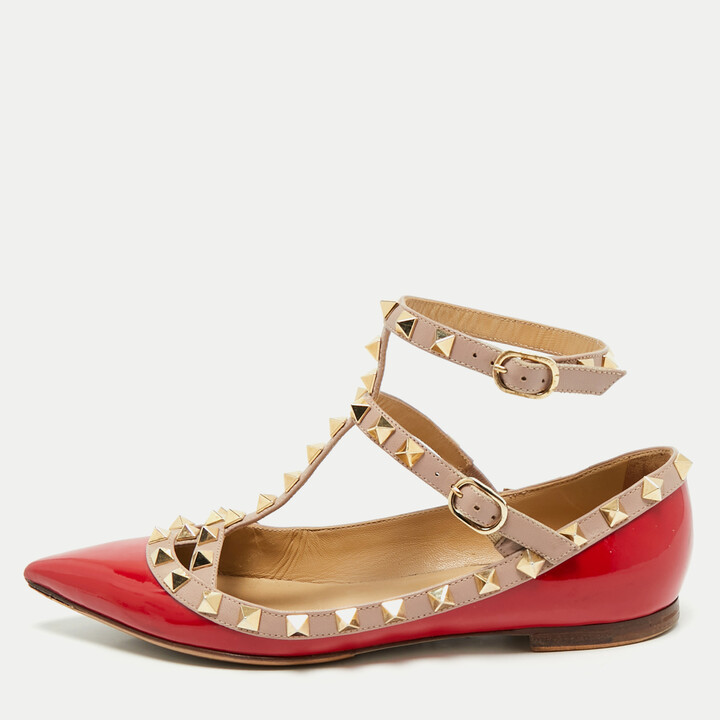 Valentino Red/Beige Patent Leather Rockstud Cage Ballet Flats Size 35.5