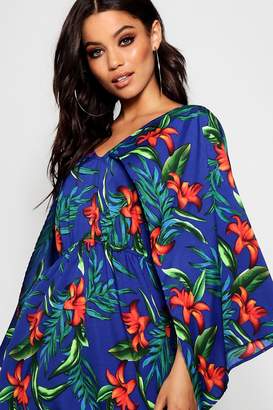 boohoo Palm Print Cape Sleeve Maxi Dress