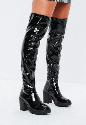 Missguided Black Cleated Sole Vinyl Over The Knee Boots
