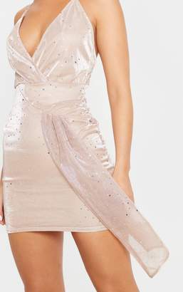 PrettyLittleThing Aqua Diamante Detail Strappy Drape Bodycon Dress