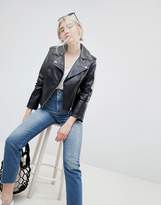 Thumbnail for your product : ASOS Design Leather Jacket With Ring Pull Details