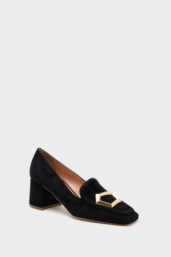 Rupert Sanderson Midnight Suede with Gold Cubic Pebble Nola Heels