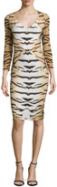 Thumbnail for your product : Roberto Cavalli Tiger-Print 3/4-Sleeve Gathered Sheath Dress