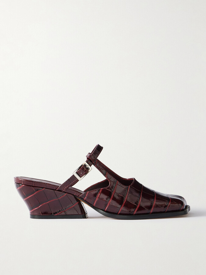 Loewe Onda Croc-effect Leather Mules - Burgundy