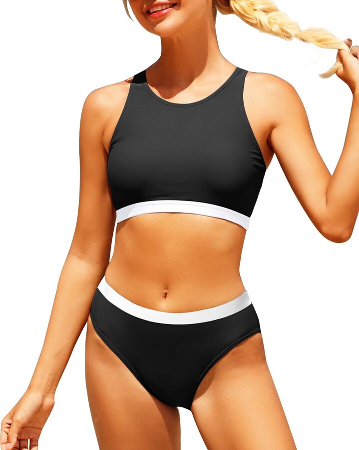 Yonique Women Two Piece Swimsuits for Teen Girls Sporty Bikini Tops Athletic High Neck Bathing