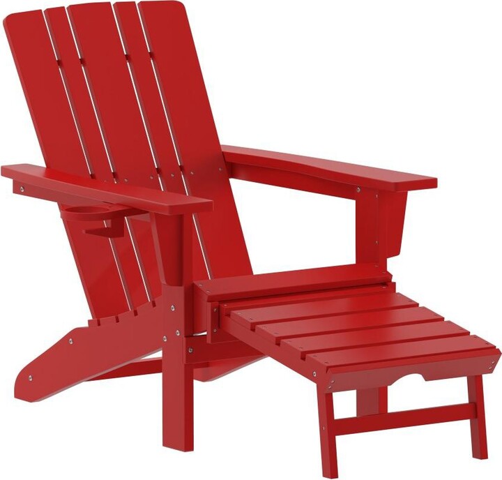 Merrick Lane Ridley Hdpe Adirondack Chair With Cup Holder And Pull Out Ottoman, All-Weather Hdpe Indoor/Outdoor Lounge Chair