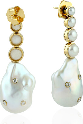 Artisan Yellow Gold Natural Pearl Bezel Set Diamond Dangle Earrings Women