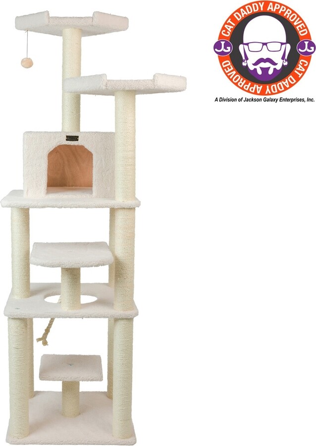 Classic Real Wood Cat Tree In Ivory, Jackson Galaxy Approved, Six Levels With Playhouse and Rope
