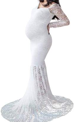 IBTOM CASTLE Pregnant Women Mermaid Long Maxi Off Shoulder Gown Photography Photo Shoot Maternity V Neck Lace Dress Long Sleeve Baby Shower L