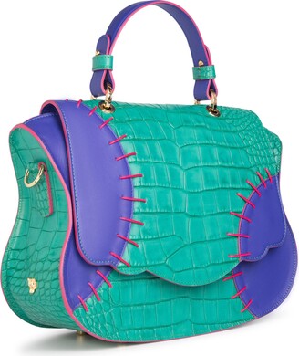 Audrey Handbag: Designer Satchel, Blue Leather/Yellow Stitch