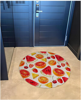 Orren Ellis Multi Color Watermelon Cherry and Orange Pattern Round Woven Base Modern Decorative Machine Washable Area Rug