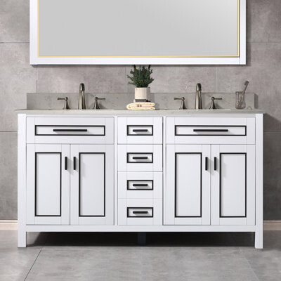 WoodBridge 61” Floor Mounted Vanity Set with Solid Wood Cabinet and Engineered Stone Composite Vanity Top