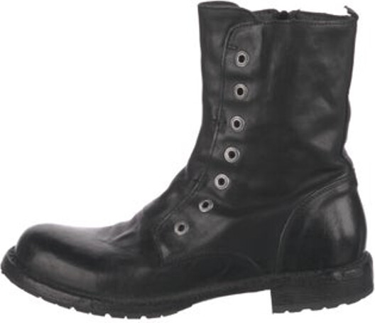 Moma Leather Ankle Combat Boots Black Printed Round-Toes with Eyelet Trim Exposed Zip Closure at Sides Includes Box Unfortunately, due to restrictions, this item may not be eligible for shipping in all areas.