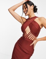 Thumbnail for your product : Rare London cross neck bandage bodycon midi dress with cut out in brown
