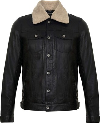 Infinity Leather Men's Black Leather Jacket Trucker Removable Sheepskin Sherpa Collar Casual Jeans Coat 3XL