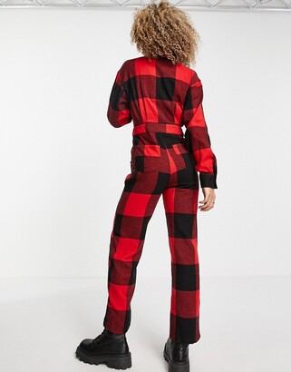 Collusion brushed check boilersuit in red and black