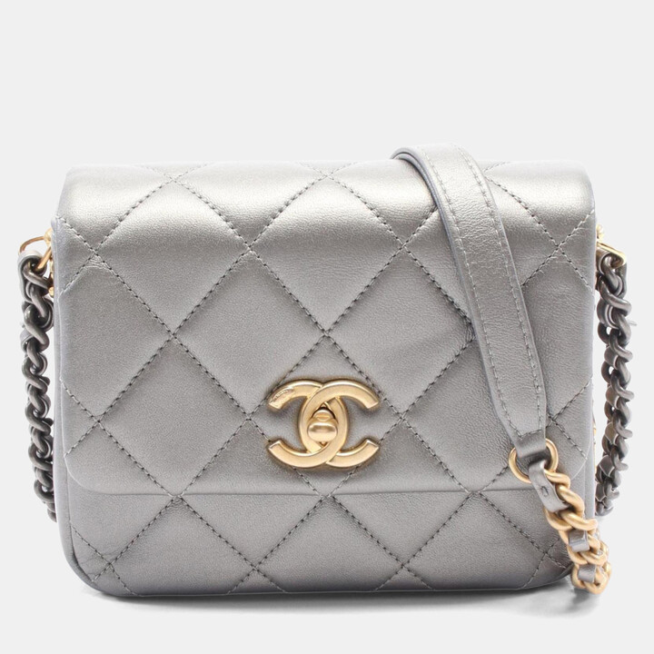 Chanel Matelasse Shoulder Bag Leather Silver