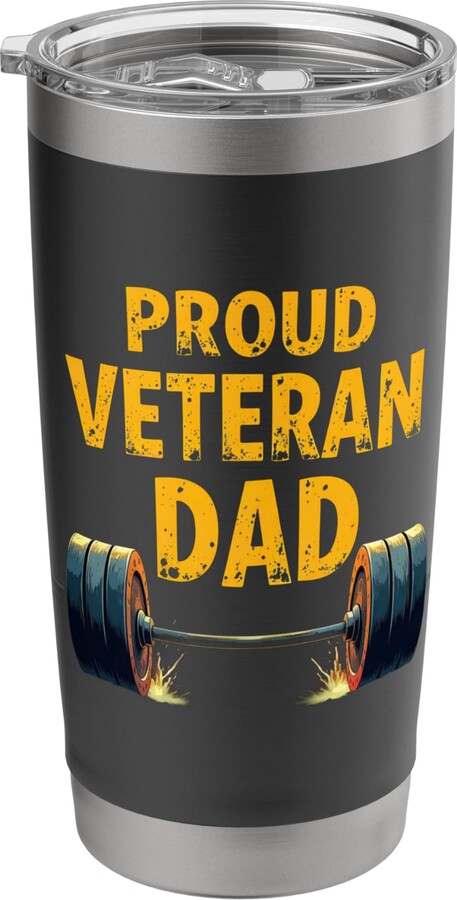Proudly Serving Our Heroes Military Apparel Proud Veteran Dad Gym Fitness Barbell Patriotic graphic Stainless Steel Insulated Tumbler