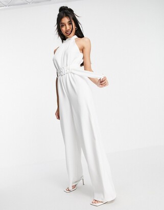 In The Style exclusive satin wrap detail pleated wide leg jumpsuit with  belt in black