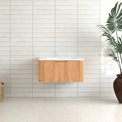 George Oliver Bathroom Vanity, Wall - Mounted, Solid Wood, 2 Drawers, Walnut Shine, European Design Influence, Space Saving, Leak Basin, Quiet Closing Finish Wood F