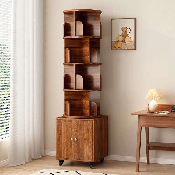 LOVSONRotatingBookshelf360DegreeDisplay5TierCornerBookshelfwithDrawerforSmallSpaceforBedroomLivingRoomWALNUTCOLOR