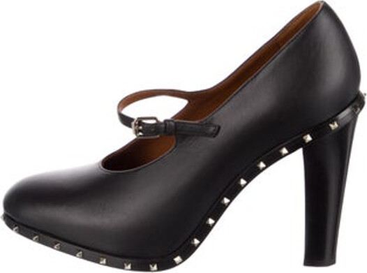 Valentino Leather Pumps Black Rockstud Accents Semi-Pointed Toes with Studded Accents Platform Mary Jane Strap & Buckle Closure At Uppers Designer