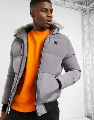 SikSilk puffer jacket with faux fur hood in gray - ShopStyle