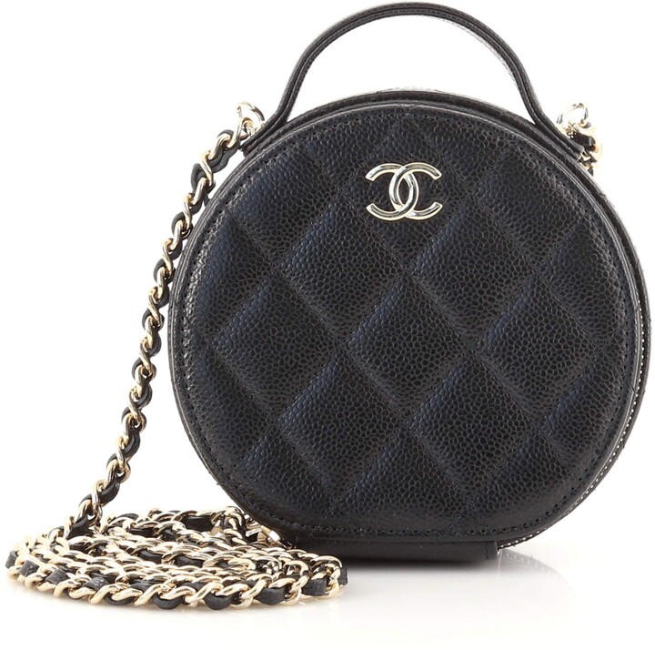 CHANEL, Bags, Chanel Handle With Care Round Vanity Case With Chain  Quilted Caviar Small Green