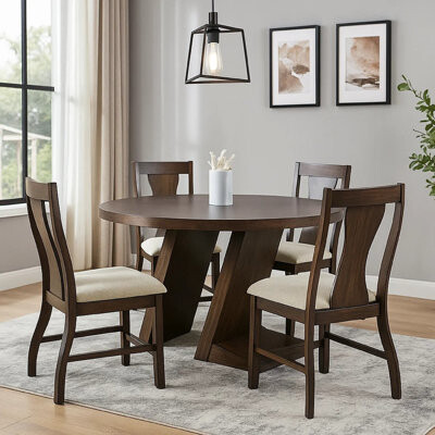 Benjara Hols 5Pc Dining Set, Round Pedestal Table, 4 Cushioned Chairs, Brown