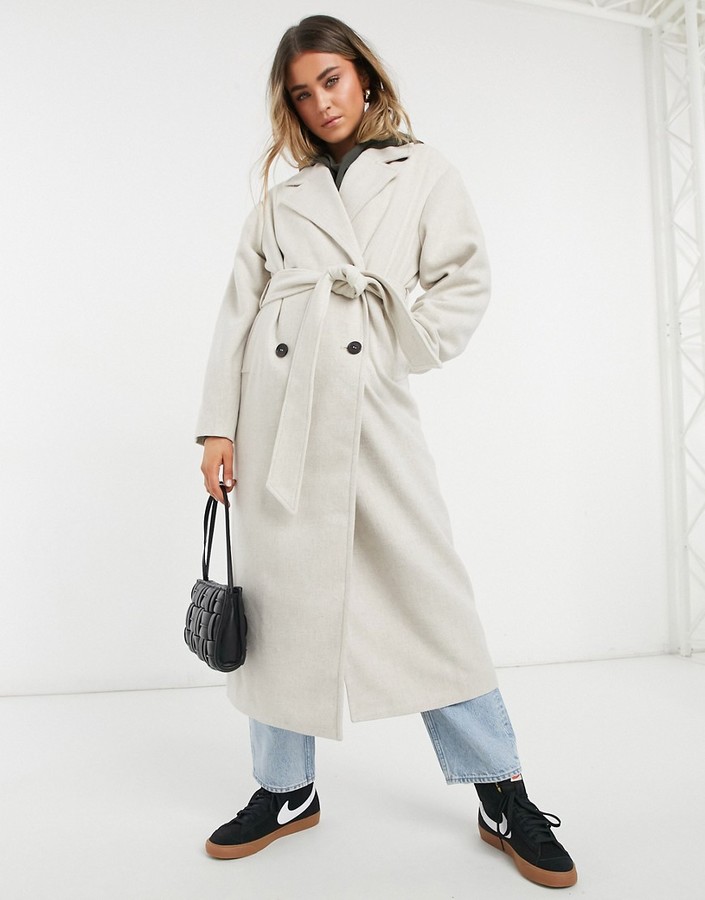 Monki Brix oversized coat with belt in beige - ShopStyle