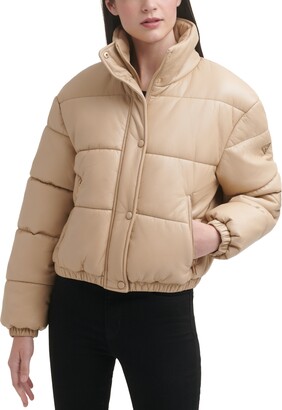 GUESS Women's Faux-Leather Puffer Coat