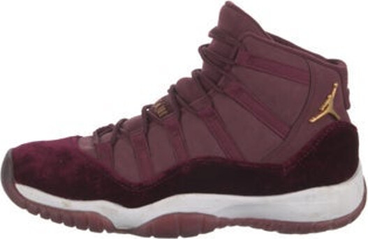 Jordan 11 Retro GG Heiress 'Velvet' High Top Wedge Sneakers Red Velvet Round-Toes with Lace Trim Embellishment Lace-Up Closure at Uppers