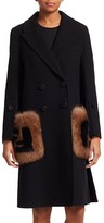 Thumbnail for your product : Fendi Long-Sleeve Fox Fur-Trim Pocket Logo Coat