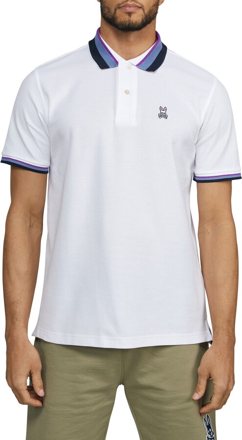 Psycho Bunny Men's Short Sleeve White Neon Tipping Logo Pima Cotton Polo Shirt