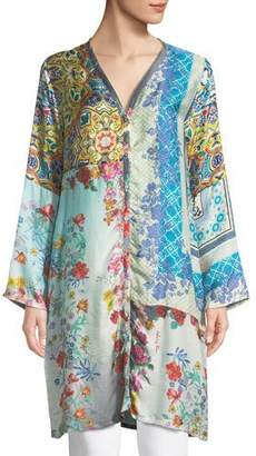 Johnny Was Witteau Button-Front Graphic Silk Cardigan, Plus Size