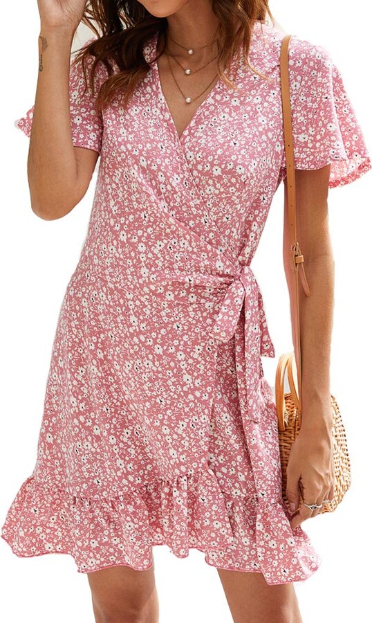 Naggoo Women's Summer Wrap V Neck Polka Dot Print Ruffle Short Sleeve Mini  Floral Dress with Belt (L - ShopStyle