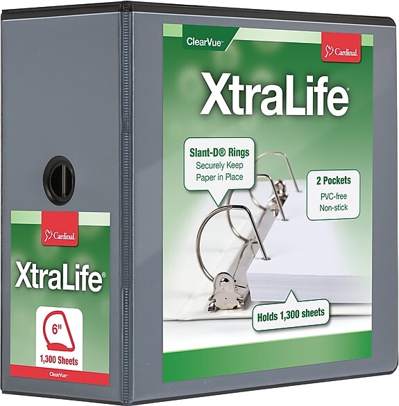 Cardinal XtraLife ClearVue 6" 3-Ring View Binders, D-Ring, Black (26361)
