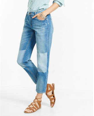 Express distressed shadow mid rise patch girlfriend jeans