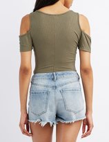 Thumbnail for your product : Charlotte Russe Ribbed Strappy Cold Shoulder Bodysuit