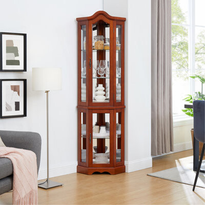 Lark Manor Gorgeous Corner Curio Cabinet With Adjustable Glass Shelves And Mirrored Back, Ideal For Displaying Treasured Items.